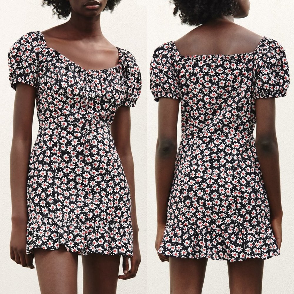 NEW Zara Black Daisy Floral Flower Print Square Neck 100% Cotton Mini Dress S